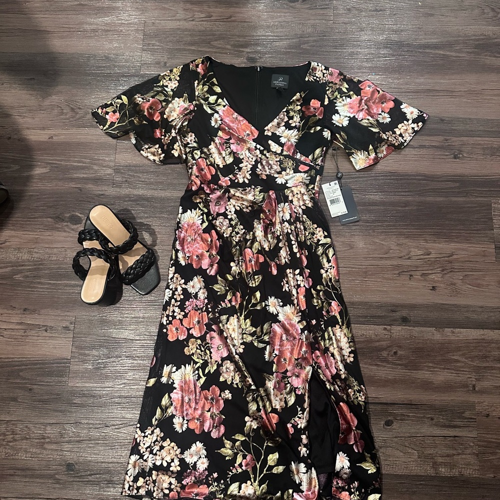 Adrianna Papell Pink Cream Green Sundress with Flutter Sleeves